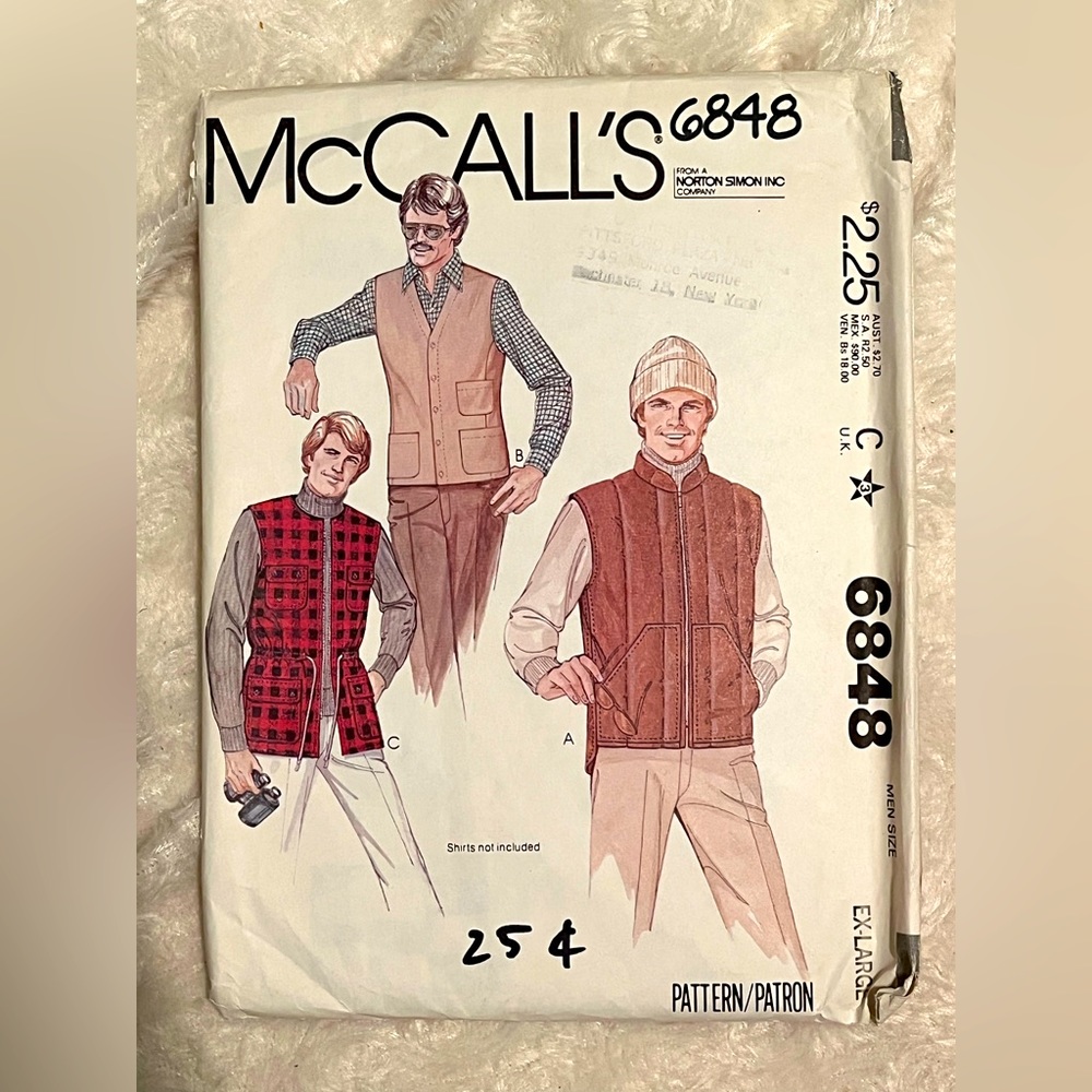 Vintage 1970’s McCall’s Men’s Pattern #6848 Vest Classic